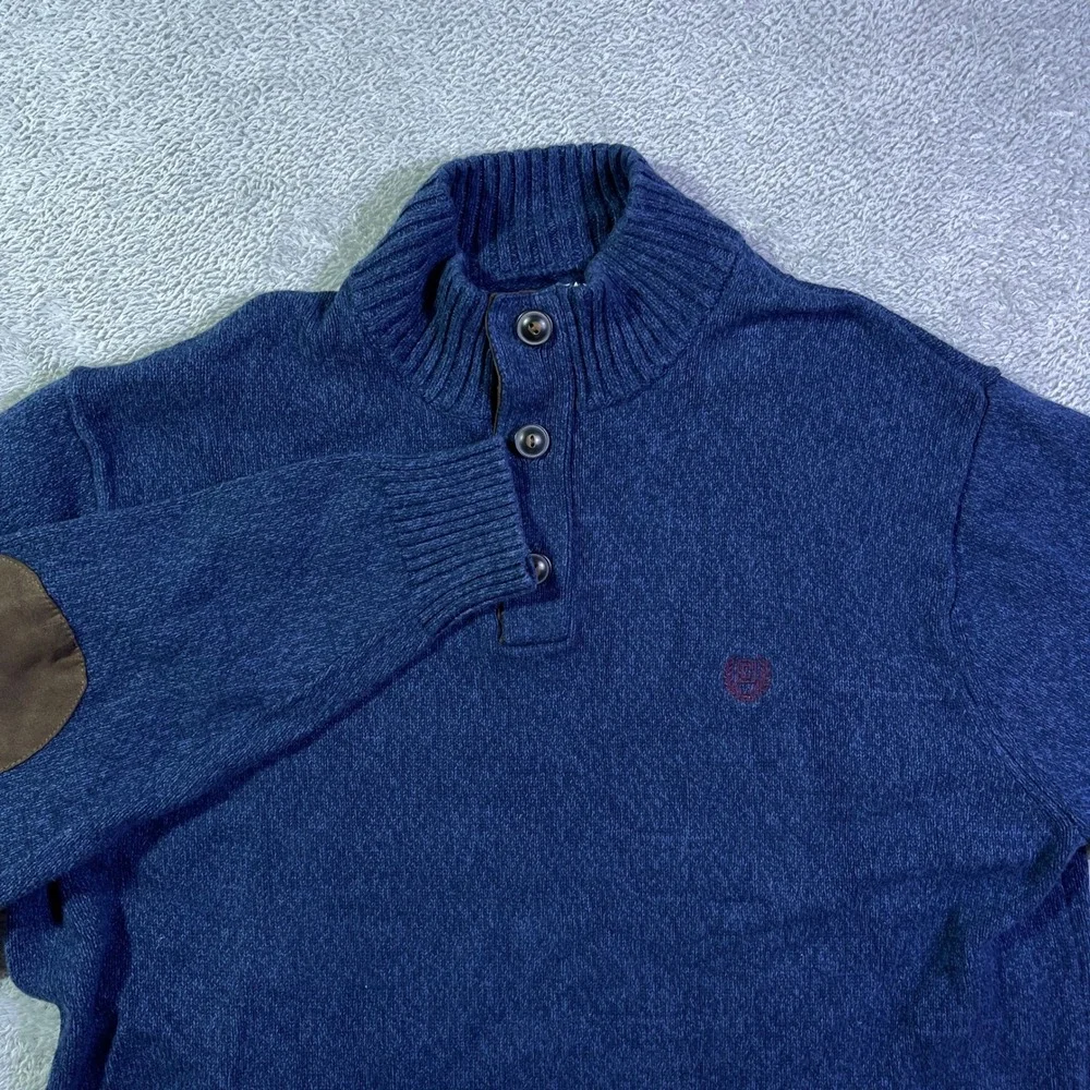 Chaps Men's Blue Knit Sweater Elbow Patches Mock Neck Pullover Size Large Ribbed